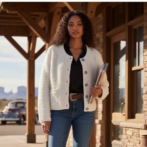 NWT Lucky Brand Textured Knit Button Front Cardigan Sweater Cream Size M